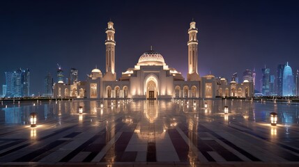 Fototapeta premium Illuminated mosque at night architectural beauty reflected in water
