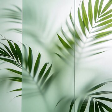 Serene Green Palm Leaves Behind Frosted Glass Panels