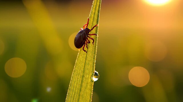 This video shows a tick resting on a blade of grass with a small water droplet, showcasing the intricate details of the tiny arachnid in its natural habitat, filmed in a serene outdoor setting with a