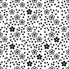 Fototapeta premium Seamless black and white cherry blossom arrangement with falling petals, traditional japanese floral composition, vector.