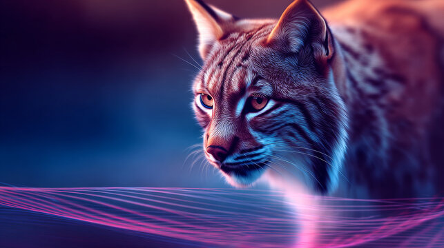 Digital Art Portrait of a Majestic Lynx with Vibrant Neon Lighting and Abstract Waves
