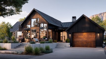Obraz premium Modern Farmhouse Exterior with Dark Siding, Expansive Windows, and Professional Landscaping in a Rural Setting