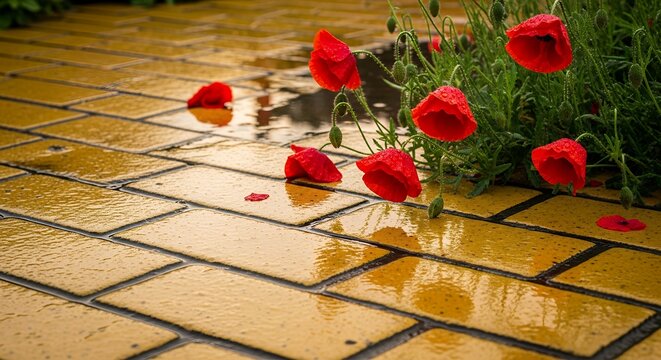 Red poppies growing on the side of a wet yellow brick walkway on a rainy day on transparent background