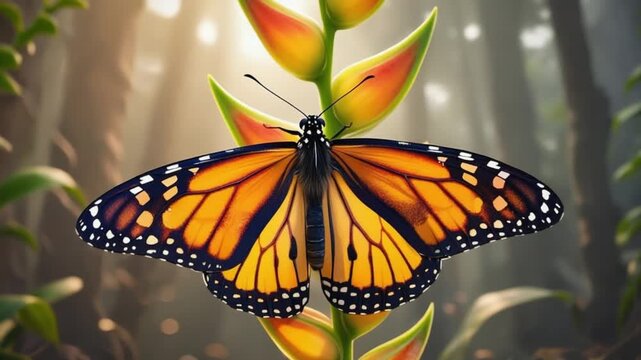Vibrant monarch butterfly on orange flower in forest