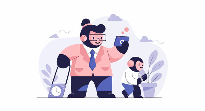 A man and a monkey in a suit, a phone, and a plant with a clock