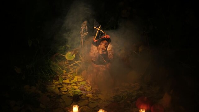 Mysterious english cocker spaniel wearing a witch hat sits in a dark, foggy forest at night, surrounded by glowing candles and pumpkins for a spooky halloween celebration scene