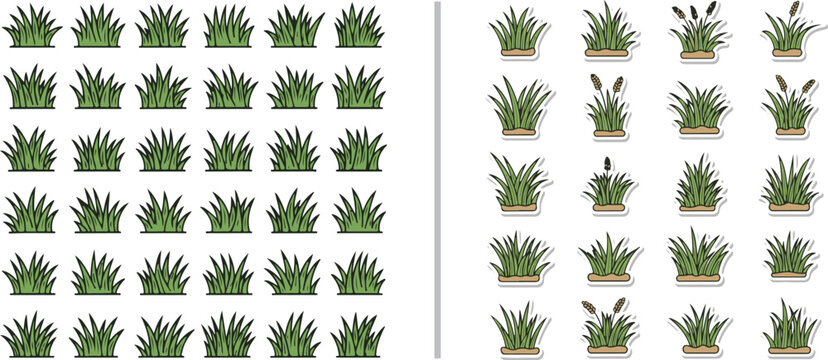 Vector asset featuring a comprehensive collection of stylized green grass tufts and wetland bulrush icons. Perfect for creating varied landscape maps, garden designs, and natural environments.