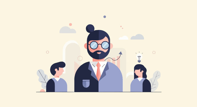 A mentor guides two mentees, fostering growth and ideas with a lightbulb