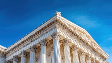 Obraz premium Architectural Detail of Neoclassical Building with Columns Against a Vibrant Blue Sky, Showcasing Heritage and Design