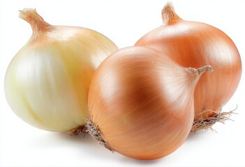 Fototapeta premium Three fresh golden onions on white background, ingredient for healthy cooking and vegetarian cuisine