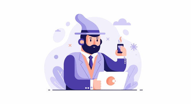 A man in a wizard hat drinks from a cup while using a laptop