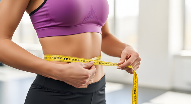 A fit woman is meticulously checking her waist circumference with a vibrant yellow measuring tape, highlighting her dedication to health and fitness goals. This visual emphasizes body progress