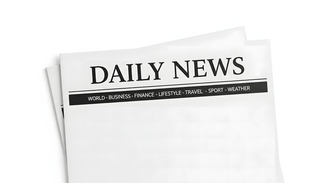 This pristine, isolated stack of modern daily newspapers, featuring a bold "DAILY NEWS" masthead and clearly defined categorized sections including world, business, finance, lifestyle, travel, sport