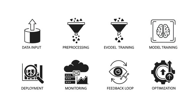 Machine learning process workflow icons set featuring data input preprocessing model training deployment monitoring and feedback loop symbols in black vector