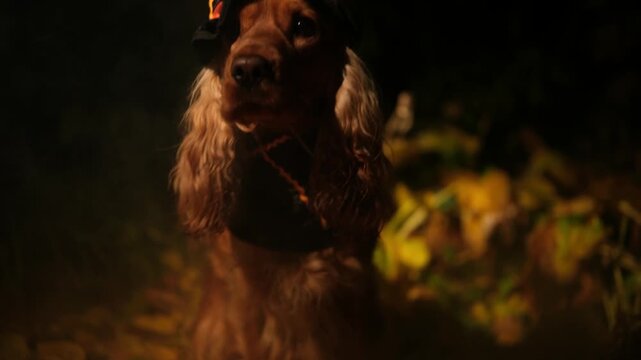 Adorable english cocker spaniel wearing a black witch hat for halloween, sitting in a dark, foggy autumn forest among yellow leaves and looking around with curiosity and amusement