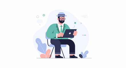 Fototapeta premium Flat illustration of a man with a beard, glasses, and hat using a laptop