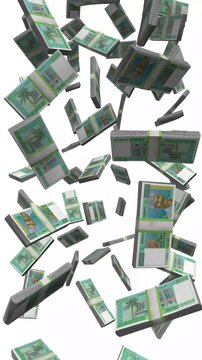 Vertical Djibouti Money, Falling Djiboutian Franc Bills, Cash Stacks Isolated on White, 4K