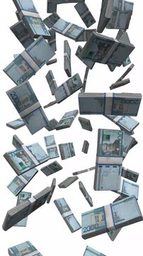 Vertical Dominican Republic Money, Falling Dominican Peso Bills, Cash Stacks Isolated on White, 4K