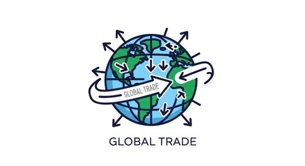Fototapeta premium Illustration of global trade with arrows around the world, symbolizing international business and worldwide connection on a white background.