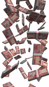 Vertical Gambia Money, Falling Gambian Dalasi Bills, Cash Stacks Isolated on White, 4K