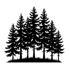 Obraz premium Pine Trees Silhouette Art Forest Nature Landscape Isolated On White Background, Forest vector silhouette, Pine Tree Silhouette Vector