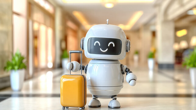Friendly robot carrying yellow suitcase in modern hotel lobby  