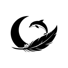 Fototapeta premium Dolphin leaping from water inside crescent moon with a feather in black and white