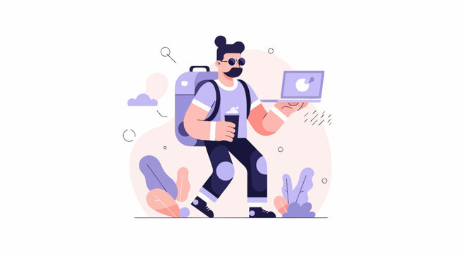 Man with backpack and laptop, carrying coffee, walks past plants
