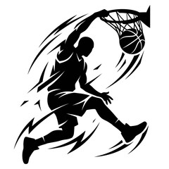 Power Basketball Dunk Silhouette – Dynamic Athlete Jump Shot Action, High Impact Sports Vector Isolated on White © yufamamiks
