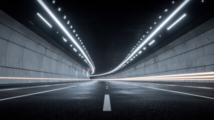 Fototapeta premium Abstract motion through the modern concrete tunnel with illuminated lights perfect for transportation and logistics