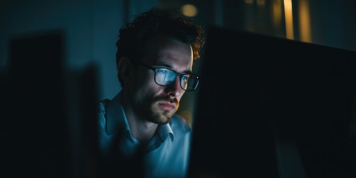 Man focused on computer screen in dark setting with illuminated glasses