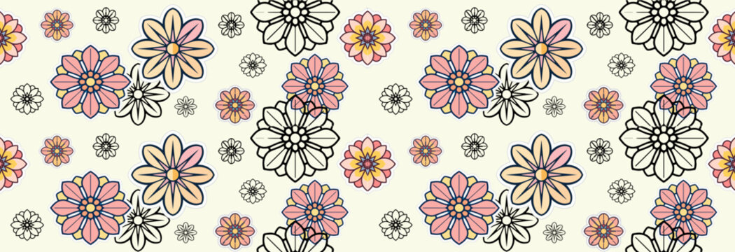 Vector illustration template of a stylized flower sticker with a modern flat design aesthetic, featuring bold lines, minimalist details, and a vibrant color scheme, including pastel shades of pink, ye