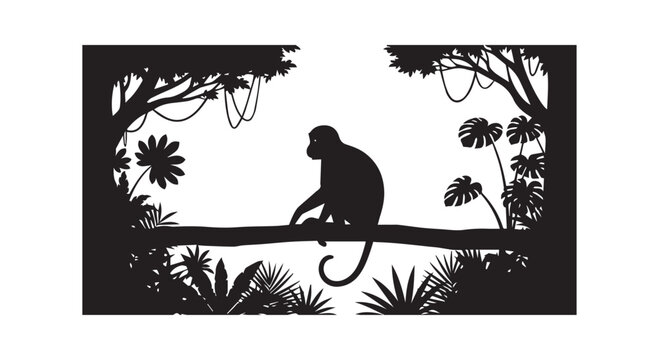 A monkey sitting on a tree branch in jungle with silhouette