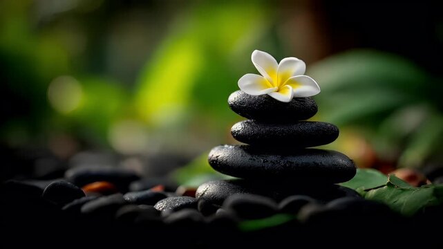 Zen Buddhism, meditation, inner peace, Chinese Japanese Asian tradition. Therapy stress release treatment, health lifestyle. A closeup shot of a stack of black pebbles.