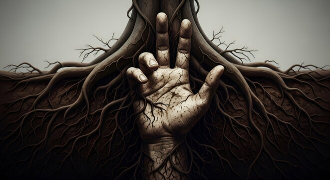 Hand with tree roots growing through fingers and palm brown gray earthy