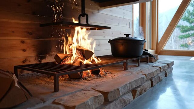 Cozy indoor fireplace with a metal grill, Dutch oven, and wood burning in a modern cabin with large window