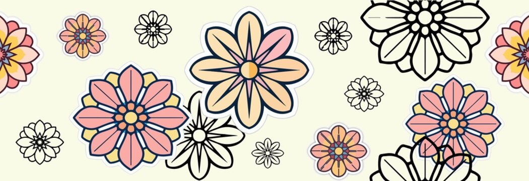 illustration template of a stylized flower sticker with a modern flat design aesthetic, featuring bold lines, minimalist details, and a vibrant color scheme, including pastel shades of pink, ye