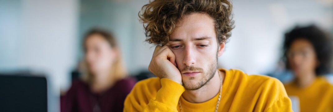 Male caucasian young adult stressed in office with headache looking fatigued at desk wearing yellow sweater with coworkers blurred behind
