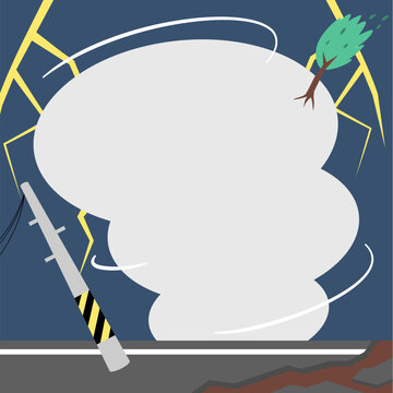 Typhoon Disaster Scene with Lightning and Strong Wind, Hurricane Damage Concept Illustration
