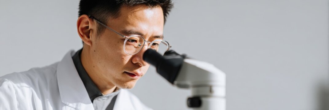 Male asian adult scientist examining microscope samples in laboratory wearing lab coat and glasses