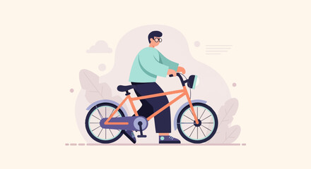 Fototapeta premium Person with glasses riding an orange bicycle with a blue-grey fender