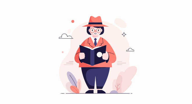 Stylized illustration of a person in a hat reading a book