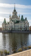 Fototapeta premium Majestic architectural marvel reflecting in serene waters under a bright sky.