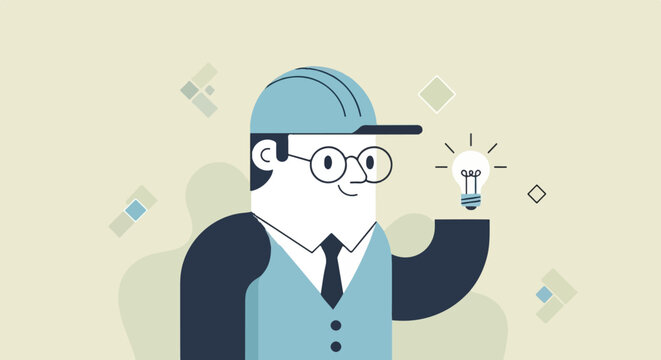Man in hard hat holds light bulb representing an idea