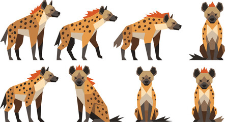 Obraz premium Hyena Animal Character Set Featuring Geometric Cartoon Wildlife Illustrations in Different Poses for Safari Themes, Nature Design, and African Fauna Projects.