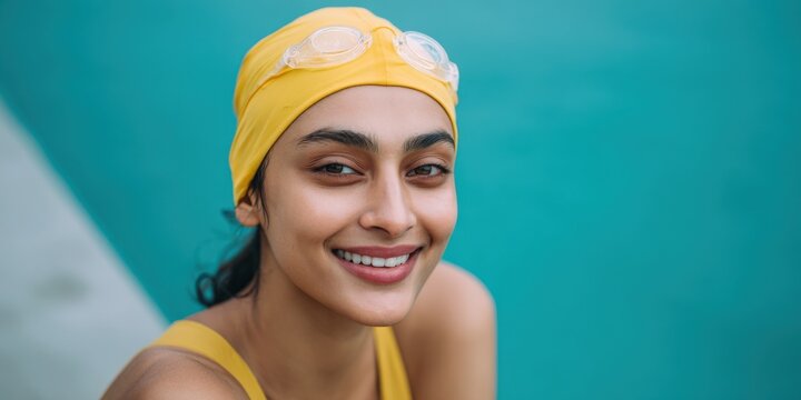 Asian female young adult swimmer in yellow swim cap and goggles smiling poolside wide panoramic portrait relaxed and confident by turquoise water