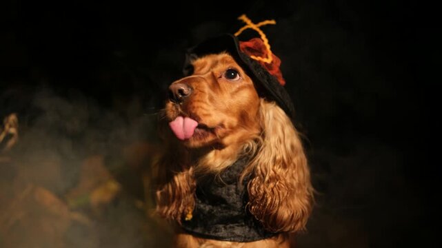 Cute english cocker spaniel wearing a witch hat and cloak for a halloween party, looking around in a spooky, smoky atmosphere against a dark background, licking its chops in anticipation