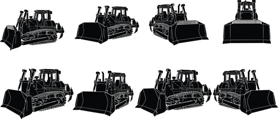 Heavy bulldozer silhouettes set isolated on white background, construction machinery icons, crawler tractor vector illustrations, industrial earthmover equipment for design. © MDMORSALIN
