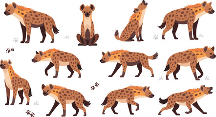 Obraz premium Hyena Animal Set Featuring Cartoon Wildlife Characters in Multiple Poses for Safari, African Savanna, and Nature Illustration Design Projects.