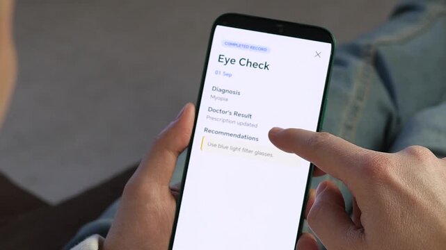 A person tracks medical history using a mobile Health Log app. Showing a list of doctor visits, blood tests, and MRI scans. Perfect for telemedicine, digital health insurance, and healthcare